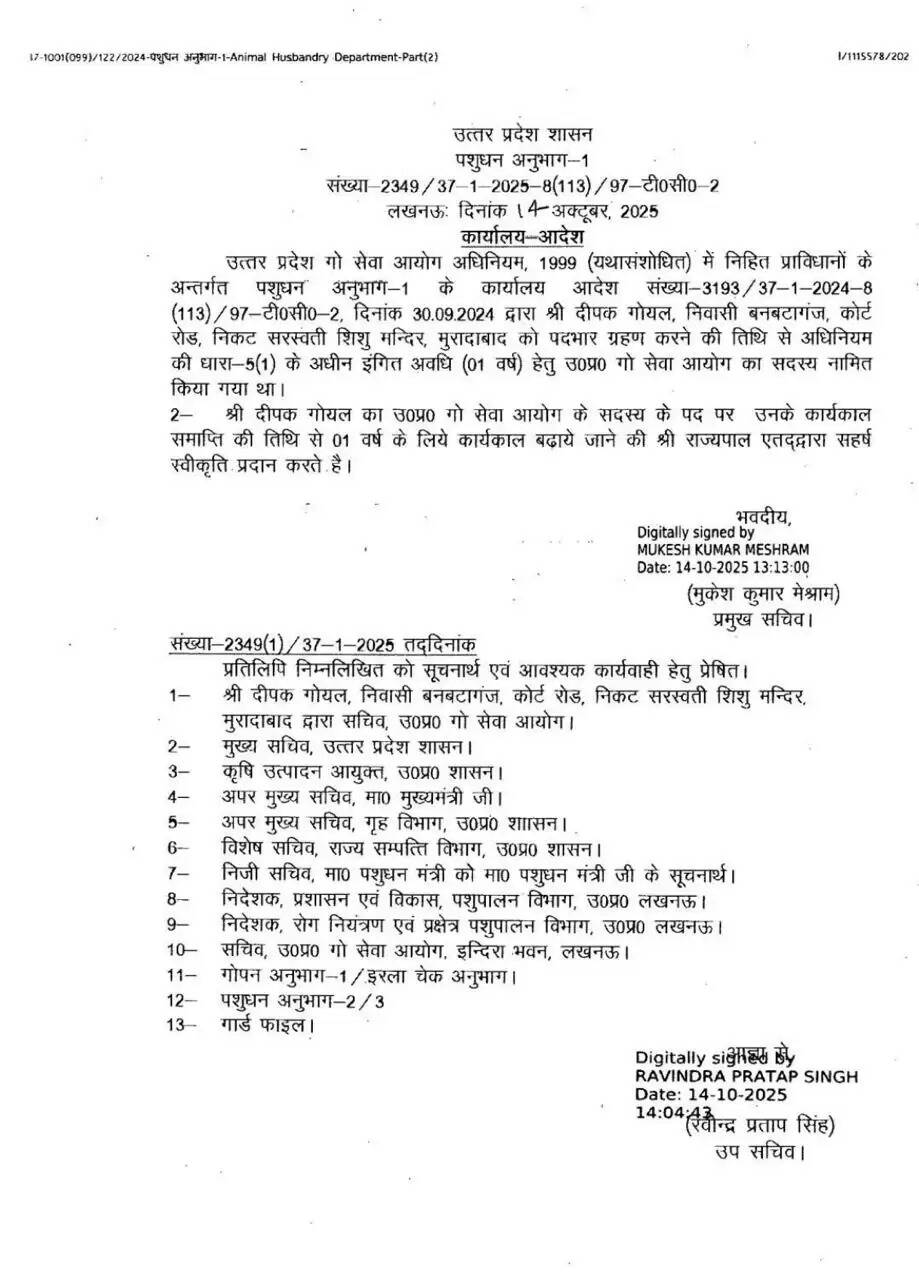 दीपक गोयल का कार्यकाल उत्तर प्रदेश गो सेवा आयोग में एक वर्ष के लिए बढ़ा