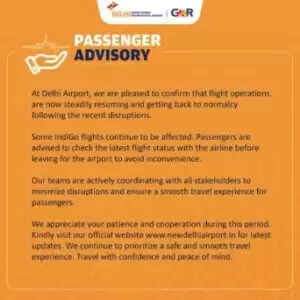 दिल्ली एयरपोर्ट पर उड़ान सेवाएँ सामान्य होने की ओर