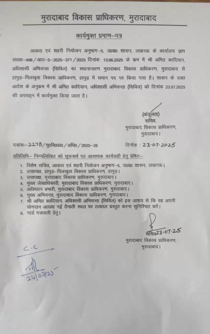 मुरादाबाद विकास प्राधिकरण के अभियंता अमित कादियान का कार्यमुक्त होना