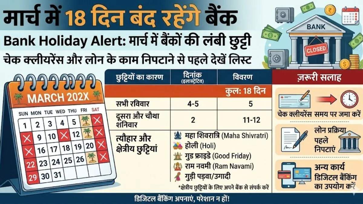 मार्च में बैंक छुट्टियों की पूरी जानकारी: जानें कब रहेंगे बंद