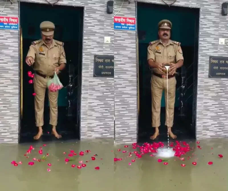 यूपी में बाढ़ के बीच सब-इंस्पेक्टर ने गंगा का किया स्वागत, वायरल हुआ वीडियो