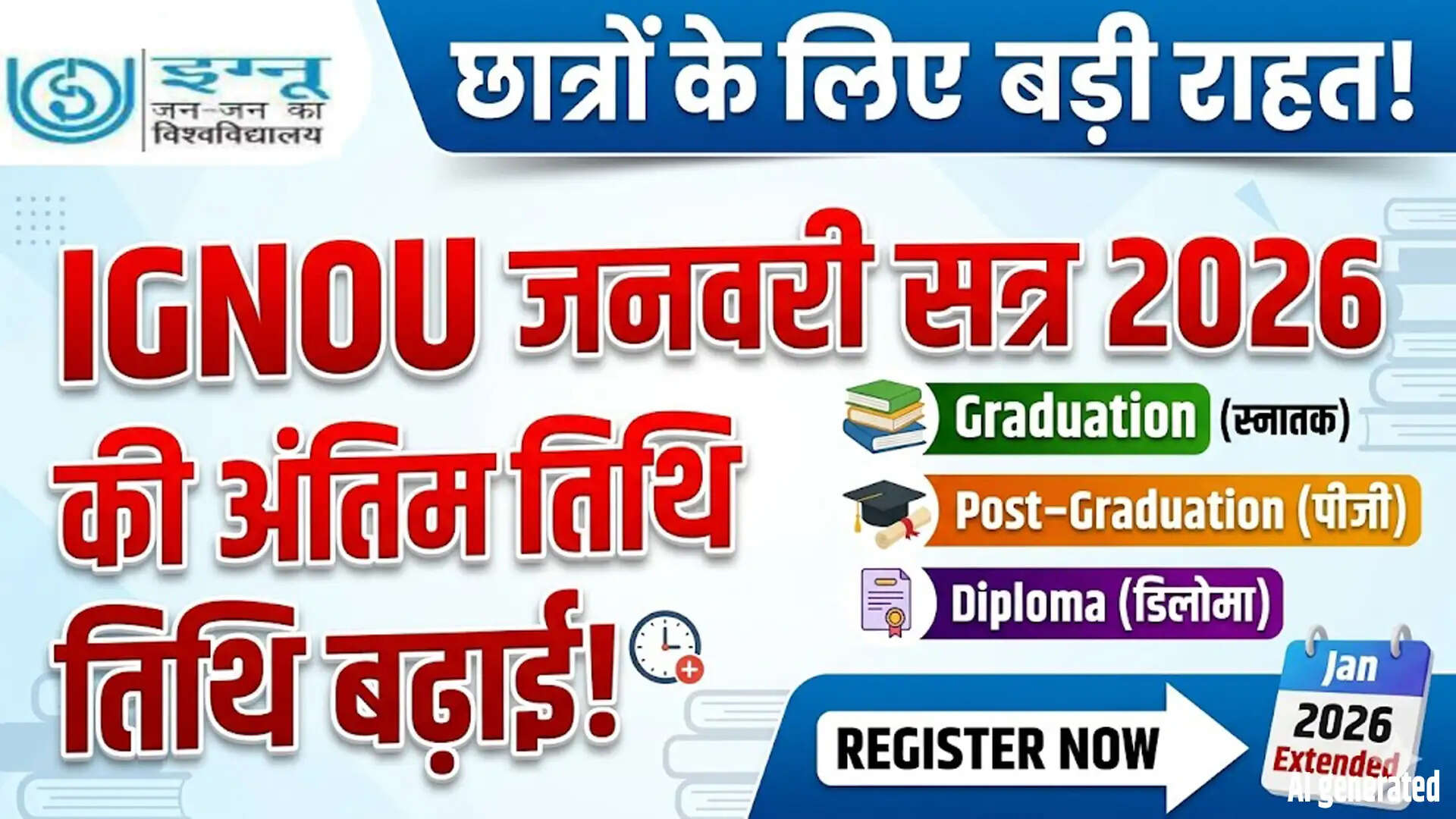 IGNOU ने जनवरी 2026 सत्र के लिए प्रवेश की अंतिम तिथि बढ़ाई