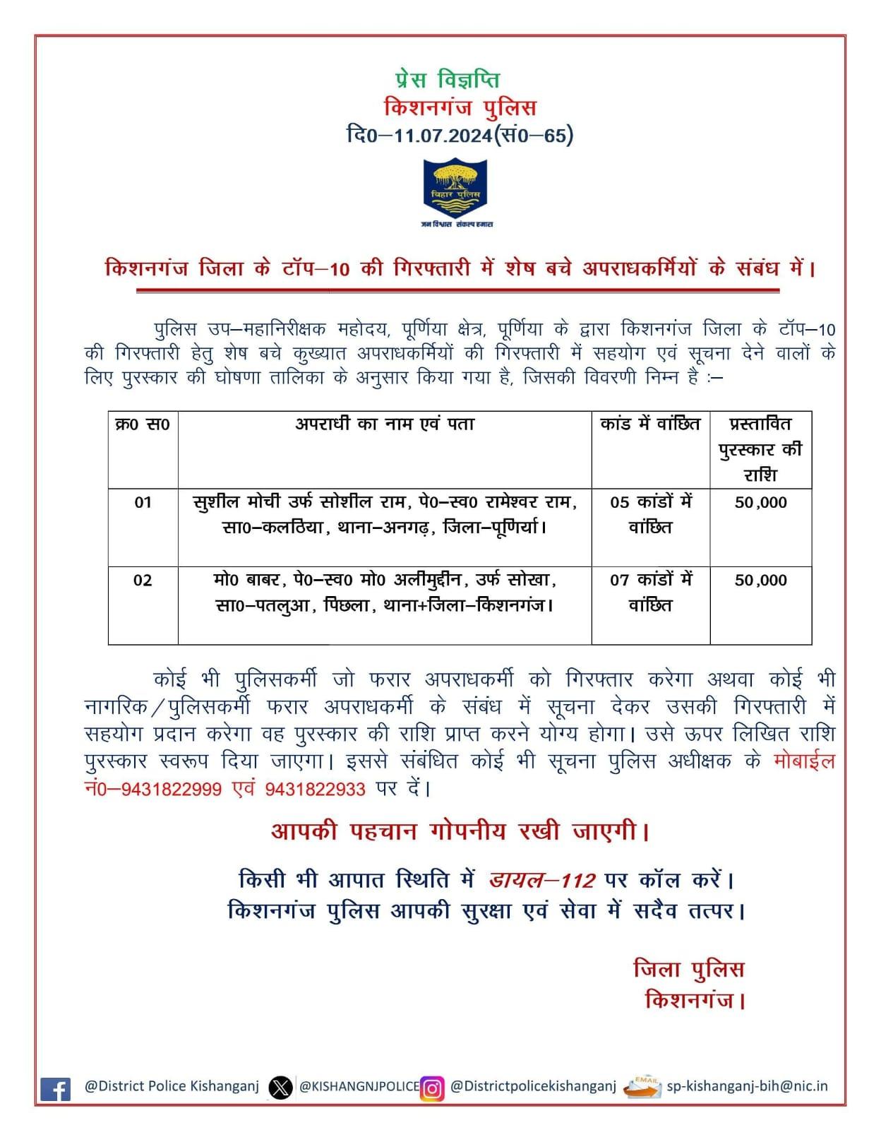 टॉप टेन सक्रिय दो बदमाशों को पकड़वाने वाले को किया जाएगा पुरस्कृत