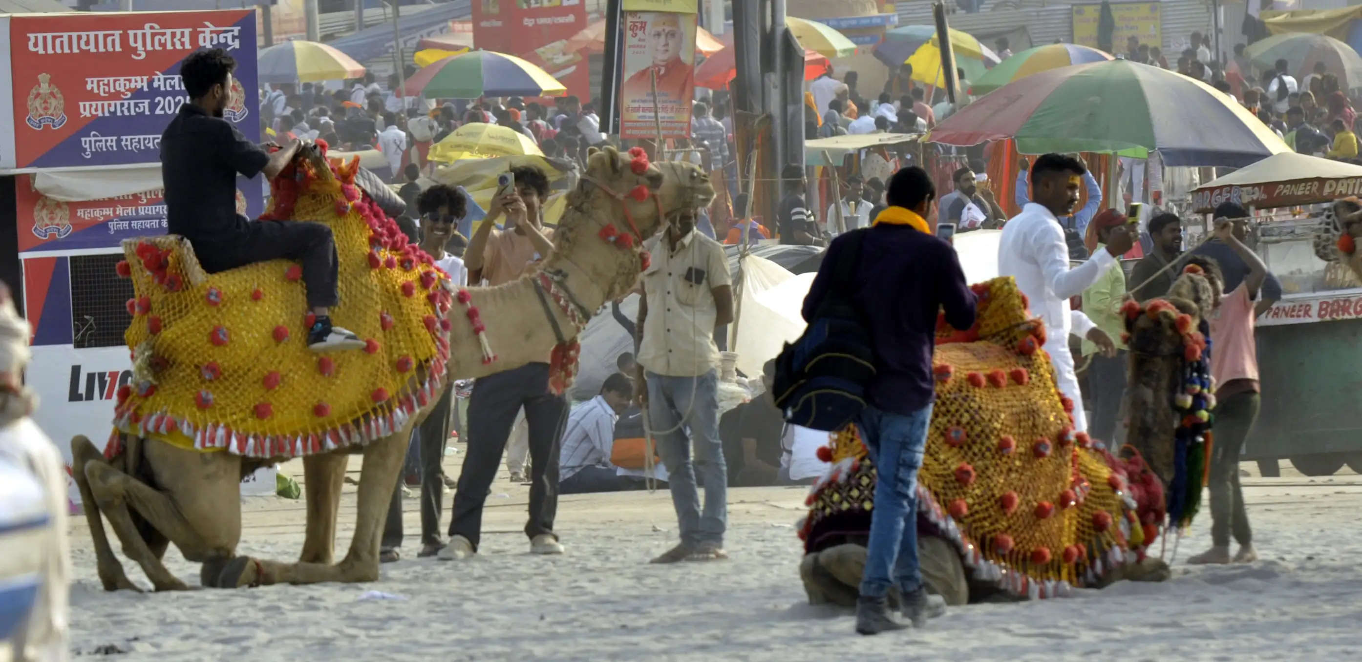 महाकुम्भ में संगम स्नान के बाद ऊंट पर बैठ कर मेले का आनन्द लेते श्रद्वालु