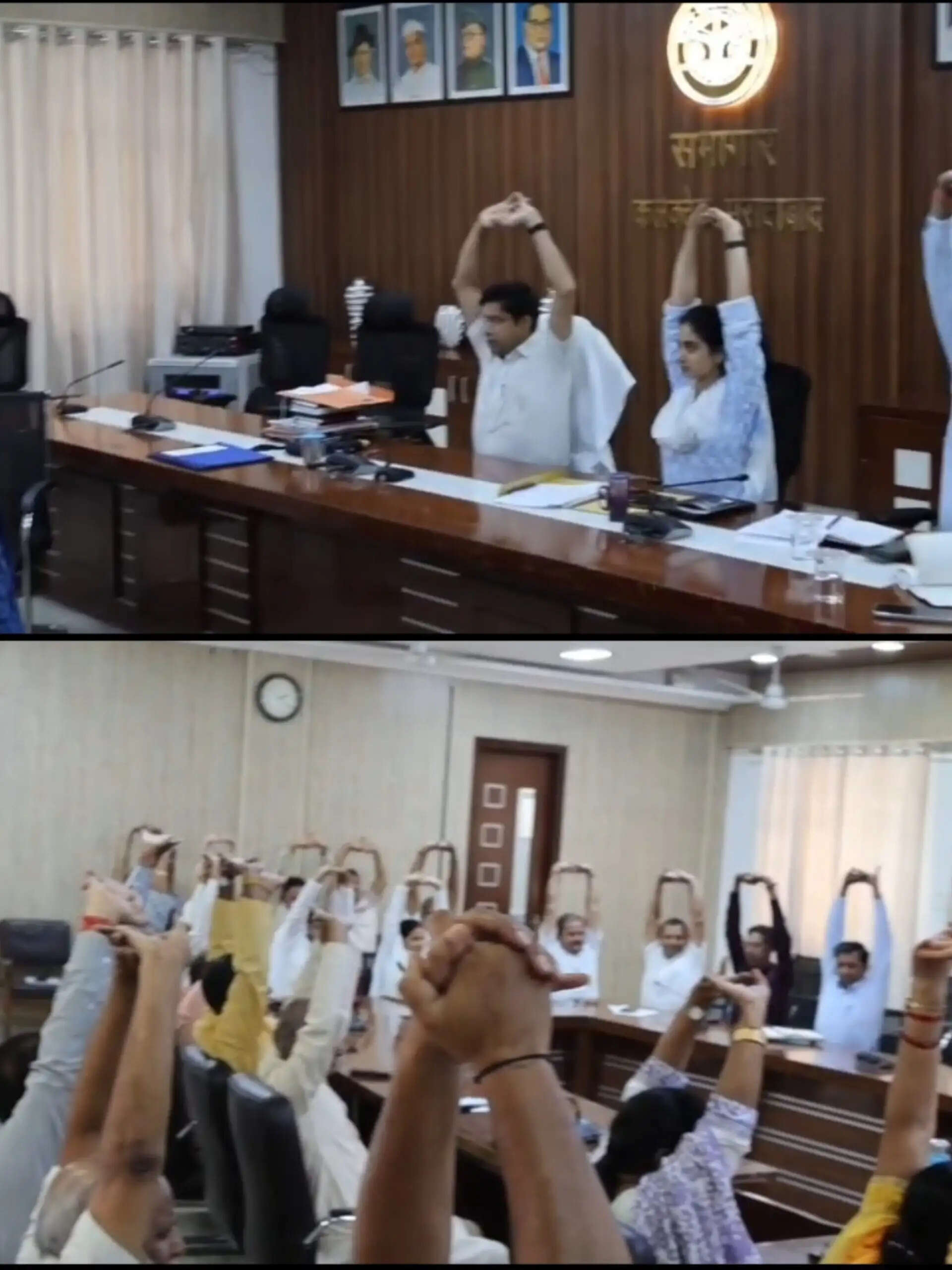 मुरादाबाद में योग दिवस की तैयारी: अधिकारियों ने कुर्सियों पर बैठकर किया योग