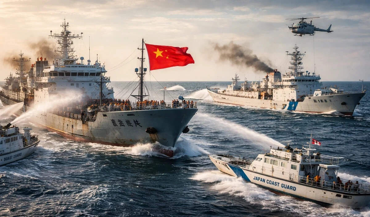 पूर्वी चीन सागर में चीनी मछली पकड़ने वाली नौकाओं का बड़ा जमावड़ा