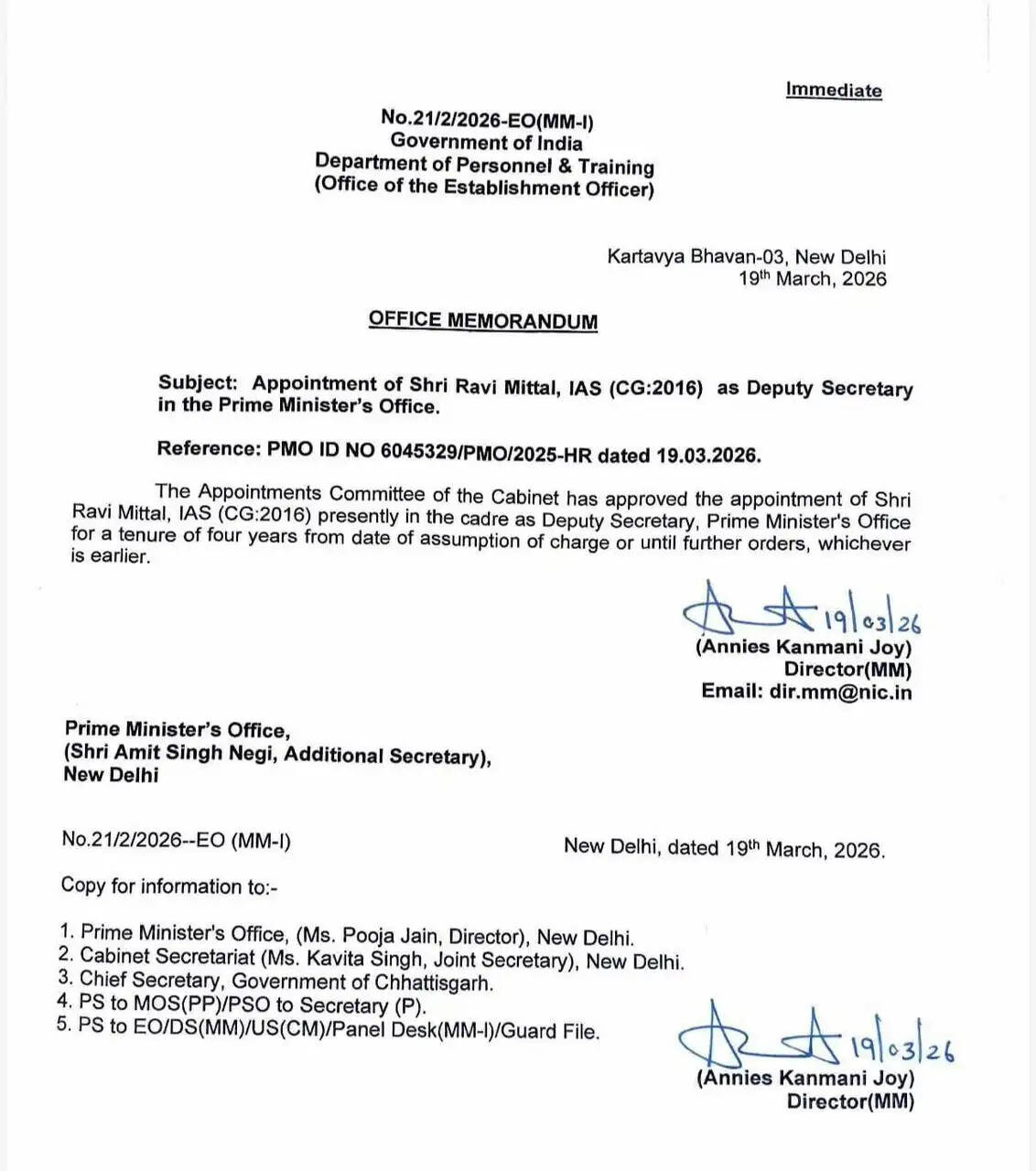 रवि मित्तल को प्रधानमंत्री कार्यालय में उप सचिव के रूप में नियुक्त किया गया