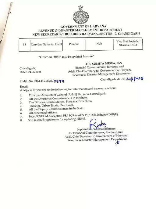 हरियाणा में जिला राजस्व अधिकारियों के ट्रांसफर की नई सूची