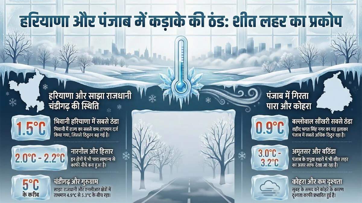 हरियाणा और पंजाब में कड़ाके की ठंड, तापमान गिरकर 0.9 डिग्री तक पहुंचा