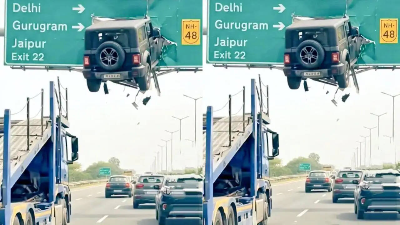 दिल्ली-गुरुग्राम एक्सप्रेसवे पर थार का साइनबोर्ड में फंसने का वीडियो: असली या फर्जी?