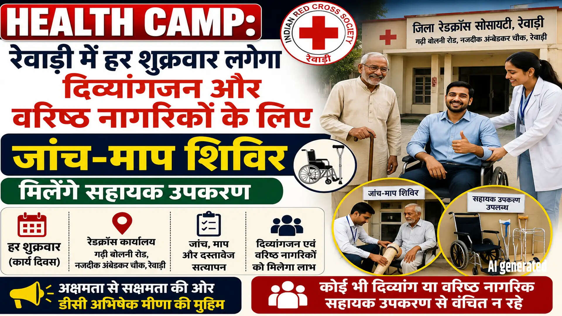 रेवाड़ी में हर शुक्रवार दिव्यांगजन और वरिष्ठ नागरिकों के लिए स्वास्थ्य शिविर