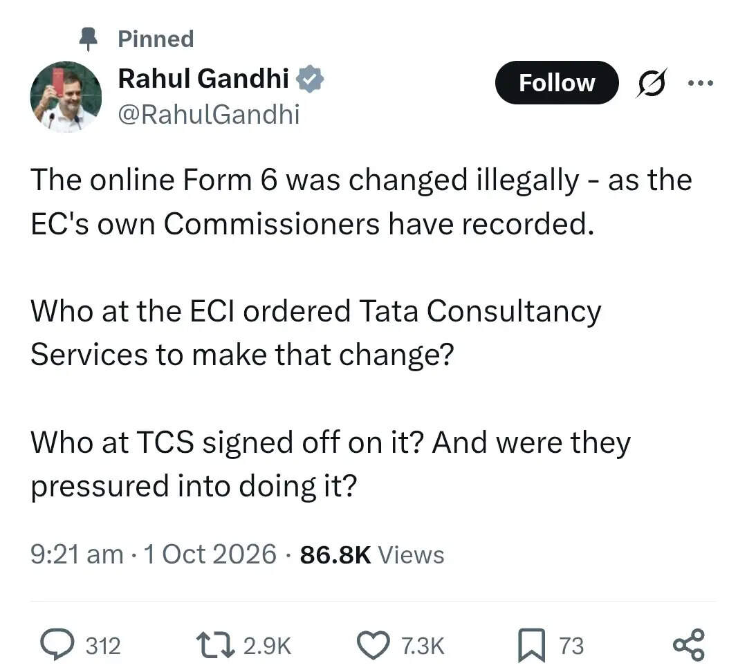 राहुल गांधी ने ECI और TCS पर फॉर्म 6 में बदलाव का आरोप लगाया