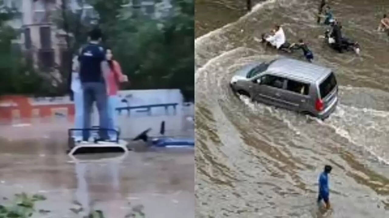 गुरुग्राम में बारिश से बाढ़ जैसे हालात, बांध टूटने से फंसी SUV