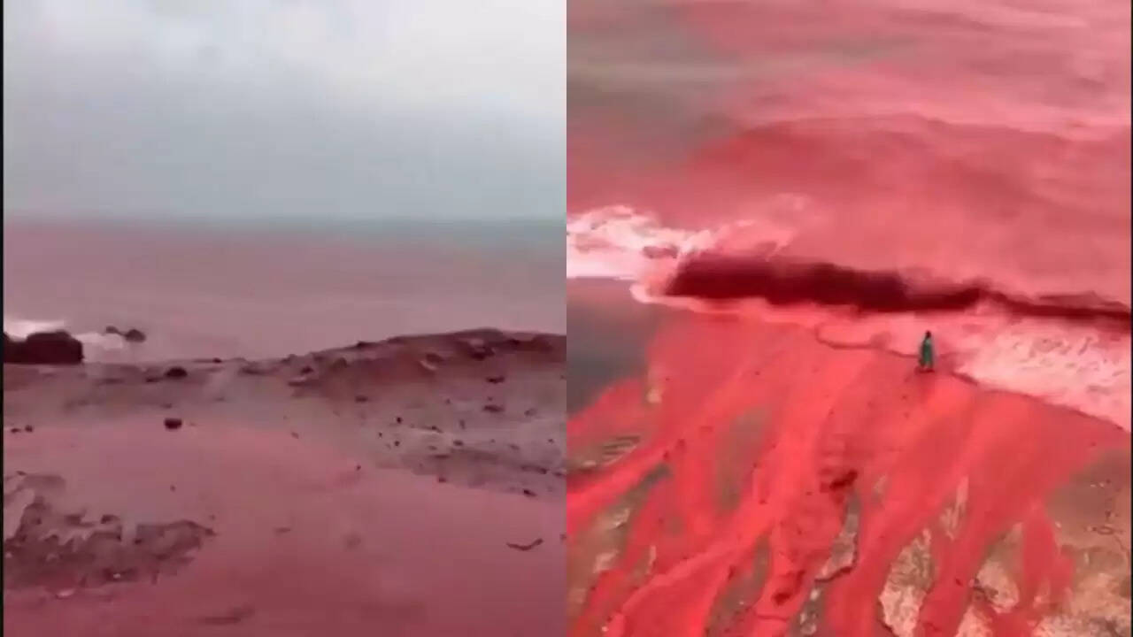 ईरान के होर्मुज आइलैंड पर बारिश ने बदला नज़ारा, समुद्र तट हुआ लाल